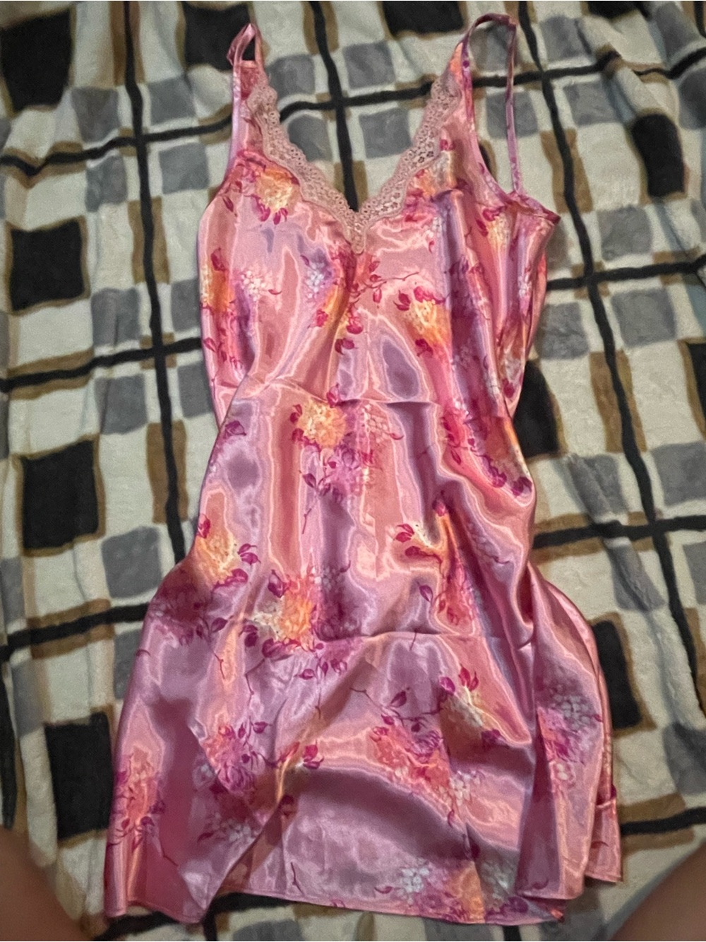 Jaclyn Smith Pink Floral Satin Chemise with Lace Trim